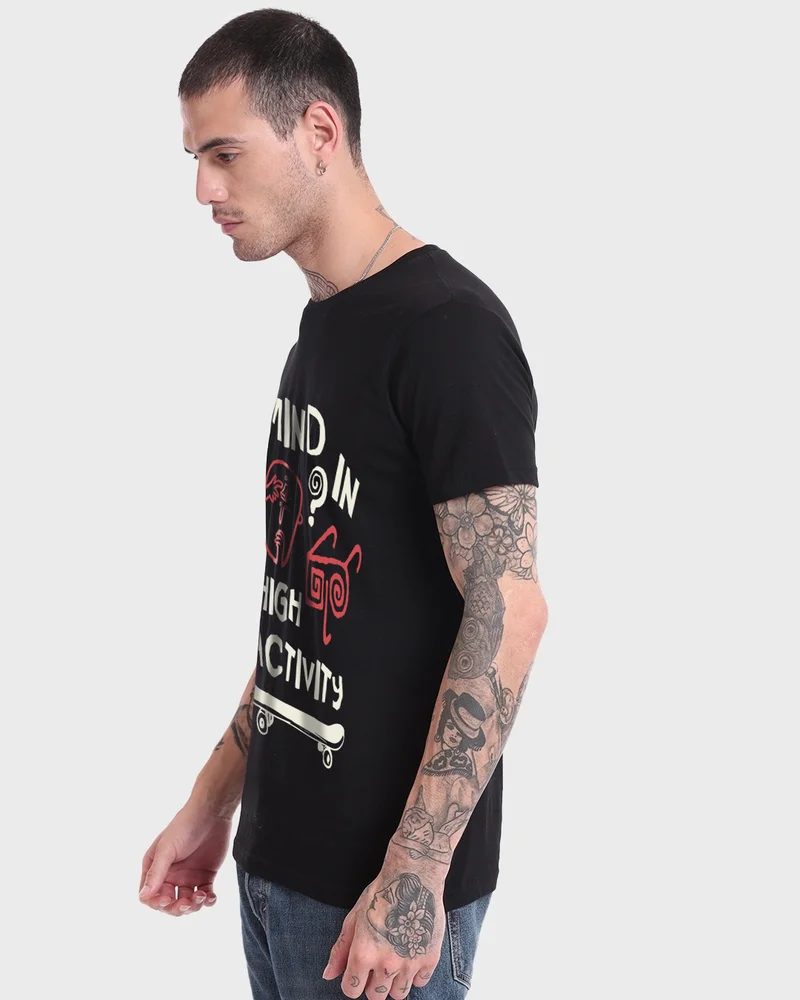 بيواكوف Men's Jet Black High Activity Graphic Printed T-shirt